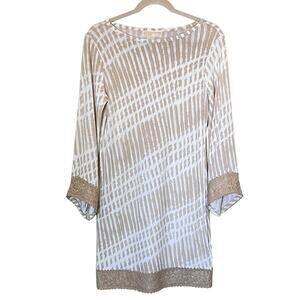 Michael Kors Dress Womens Small Beige White Tie Dye Crochet Trim Boho 3/4 Sleeve